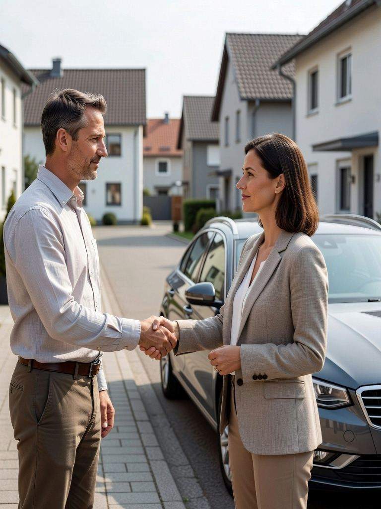 seriöser und geprüfter Autoankäufer mitten beim Vertragsabschluss in einer Wohngegend in Gescher